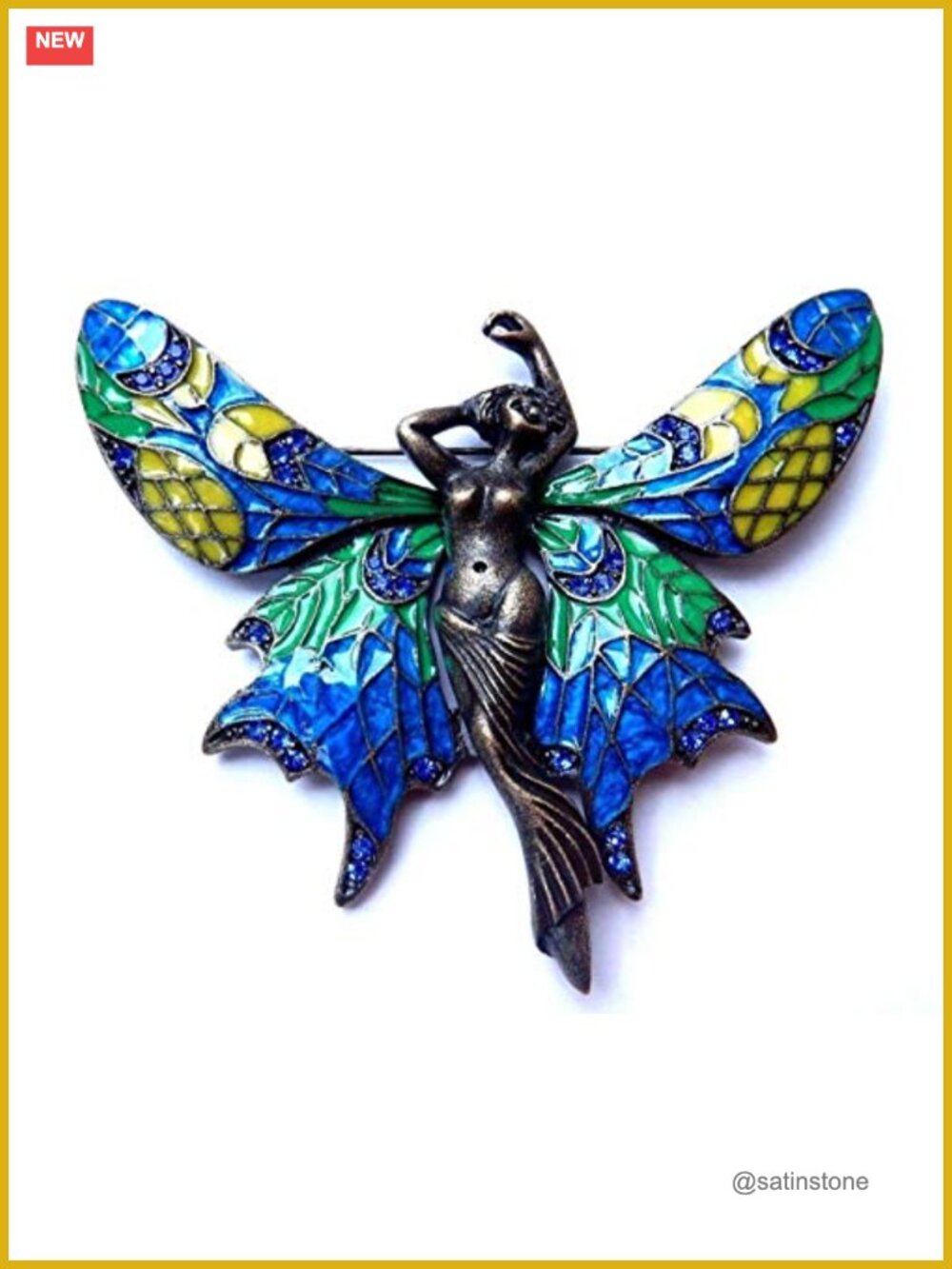 Large Bronze Fairy Brooch Pin with Enamel & Faux Rhinestone Wings